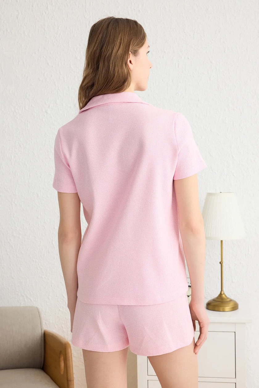Pink Ribbon/Bow Detailed Waffle Fabric Shorts Knitted Pajama Set