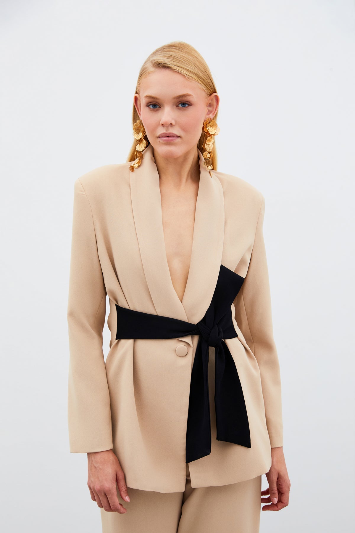 Waist Belted Long Jacket - BEIGE - Lebbse