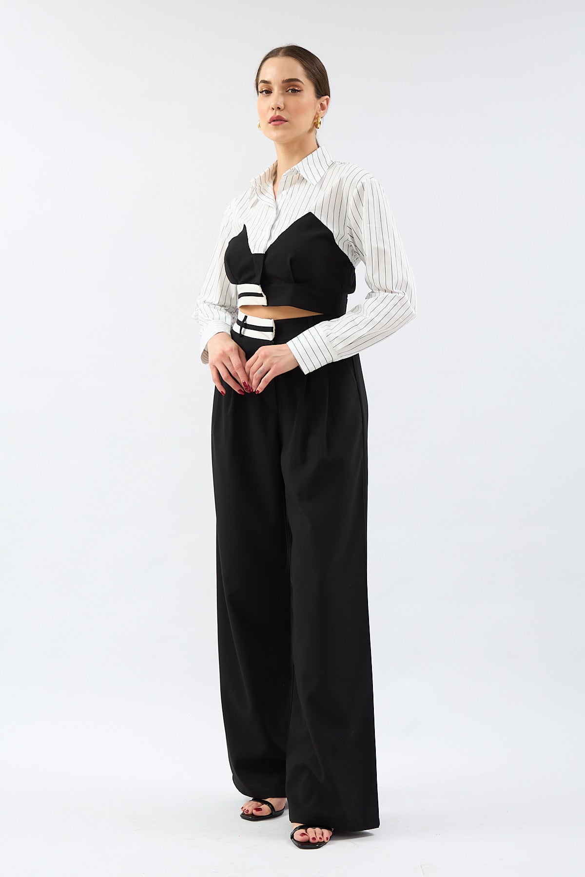 Waist Detailed High Waist Fabric Trousers Black - Lebbse
