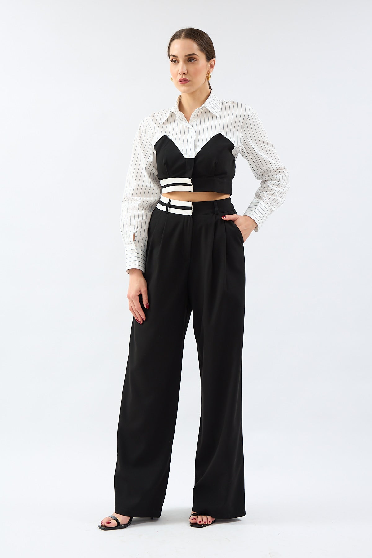 Waist Detailed High Waist Fabric Trousers Black - Lebbse