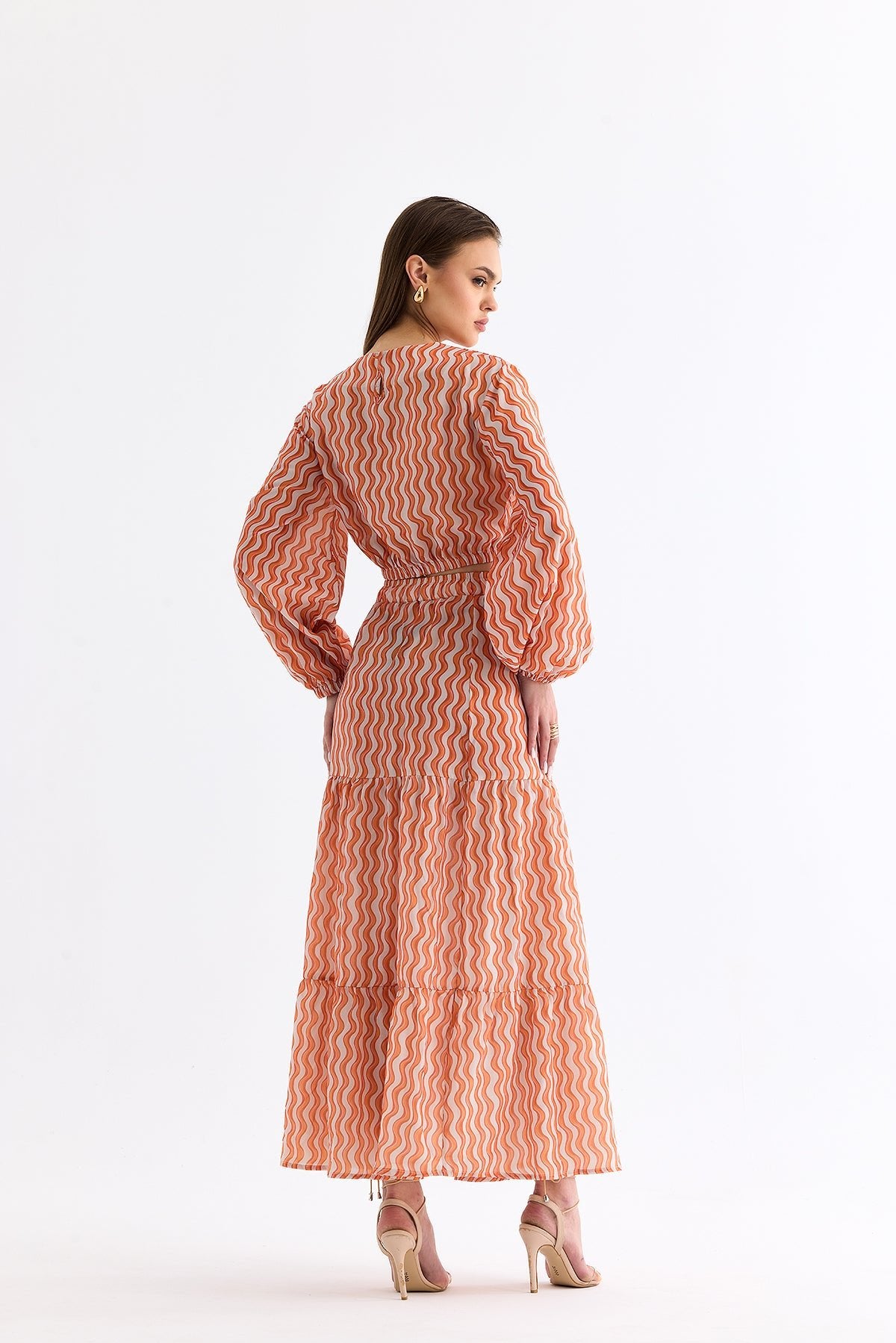 Wave Patterned Crop Blouse Skirt Set Orange - Lebbse