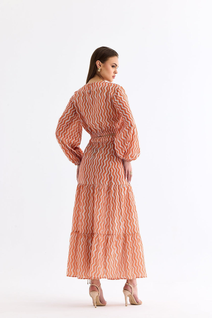 Wave Patterned Crop Blouse Skirt Set Orange - Lebbse