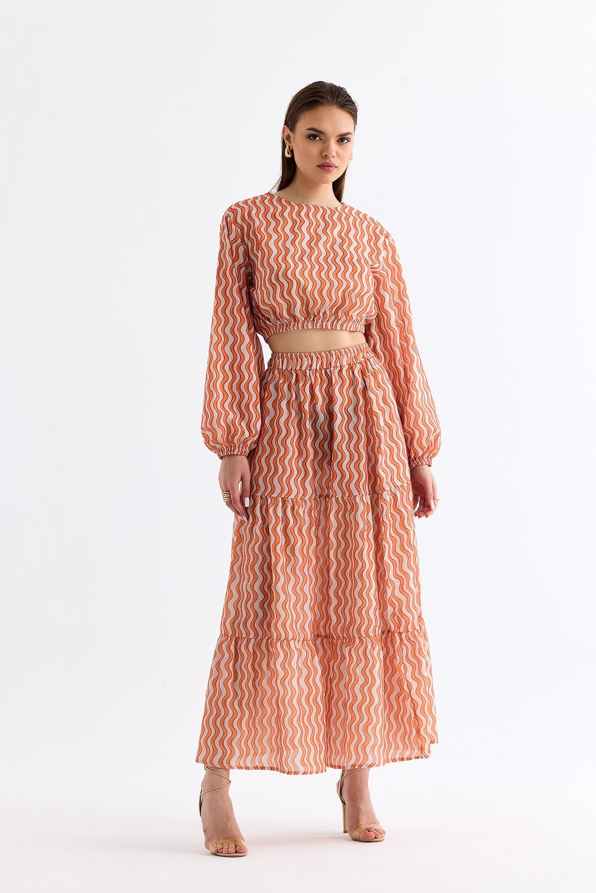 Wave Patterned Crop Blouse Skirt Set Orange - Lebbse