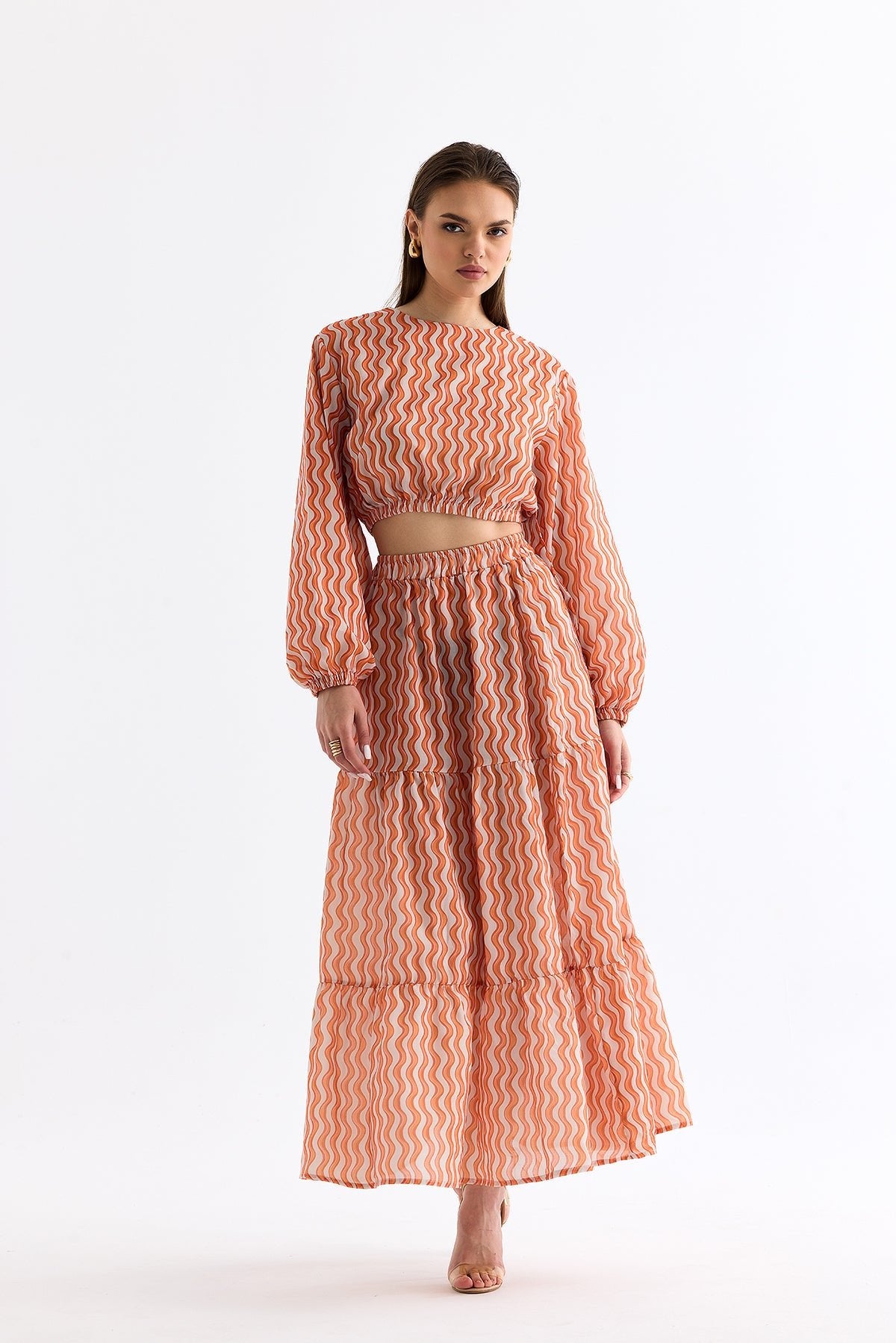 Wave Patterned Crop Blouse Skirt Set Orange - Lebbse