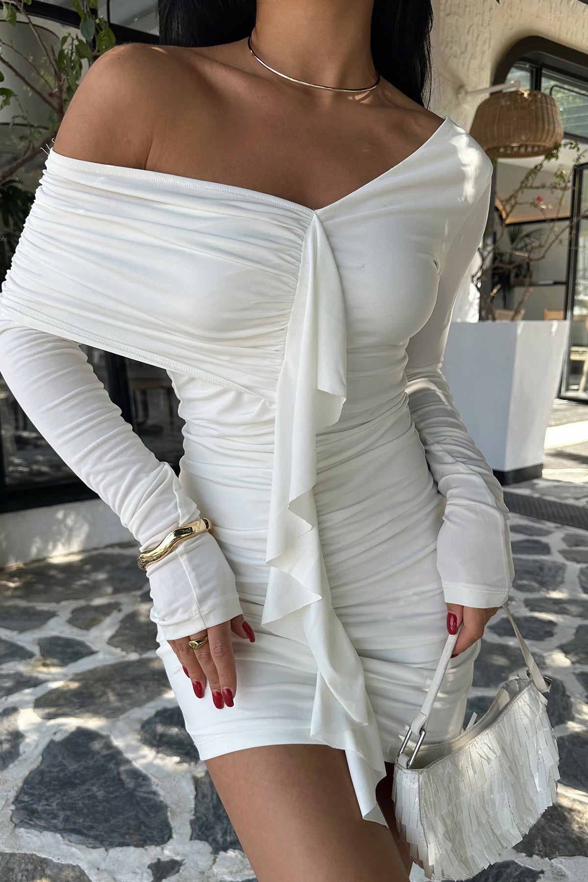 4- فستان ابيض قصير ناعم دينا - WHITE DINA DRAPED DRESS