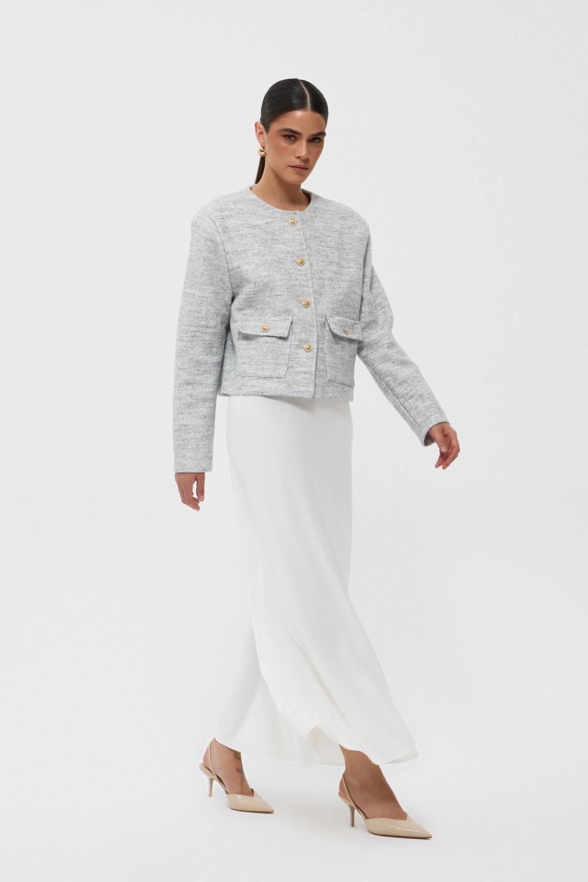 White Elastic Waist Bell Satin Skirt - Lebbse