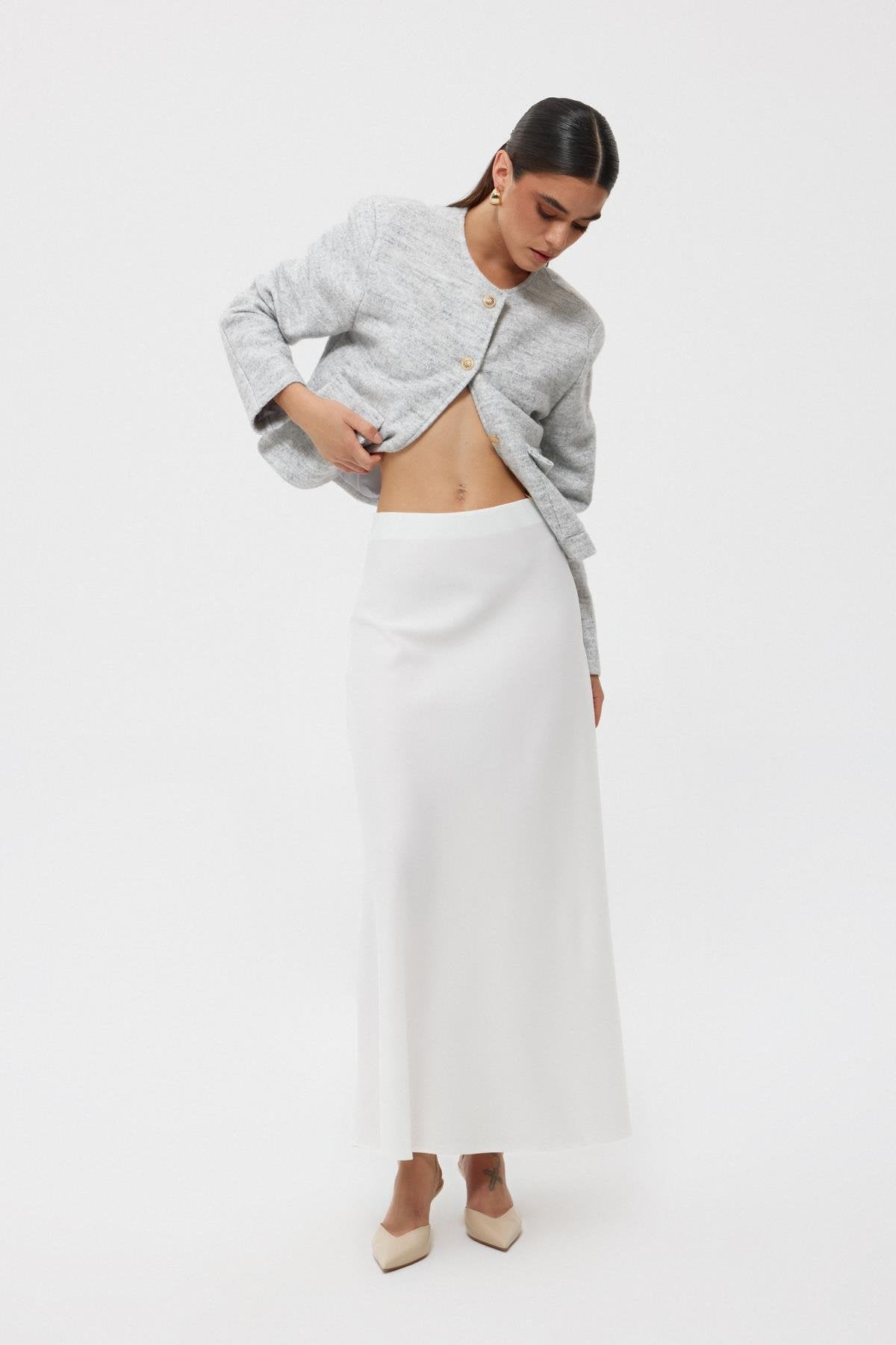 White Elastic Waist Bell Satin Skirt - Lebbse