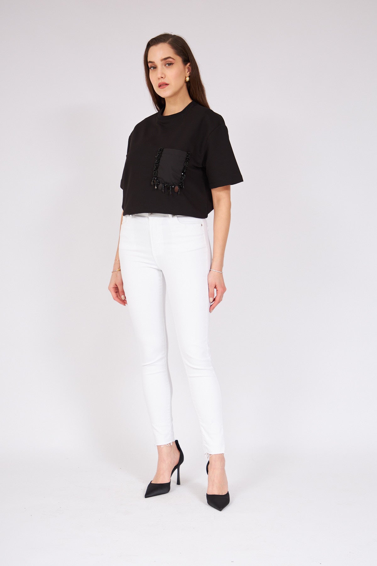 2- بنطلون جينز نسائي أبيض خصر عال - White High Waist Jeans