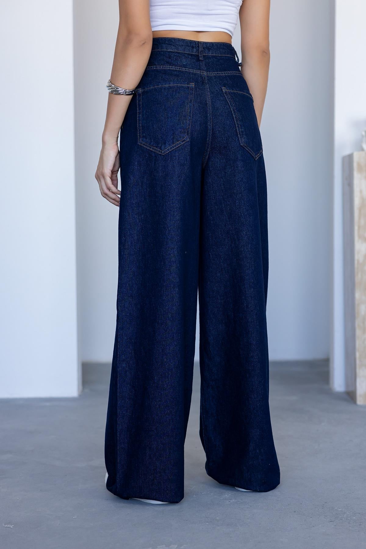 Wide Leg Denim Pants - NAVY BLUE - Lebbse