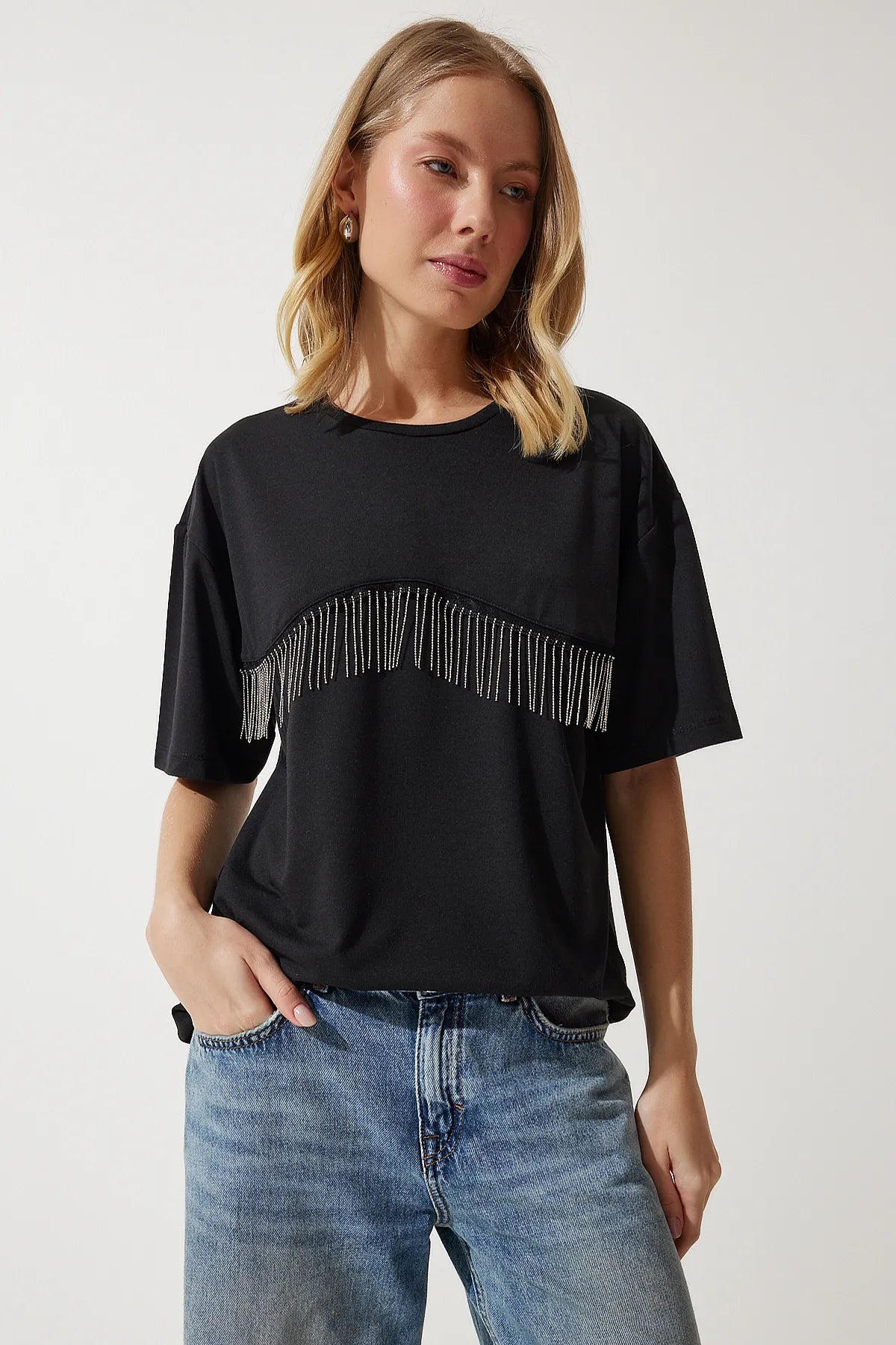 Women's Black Chain Detailed Oversize Knitted T-Shirt - Lebbse