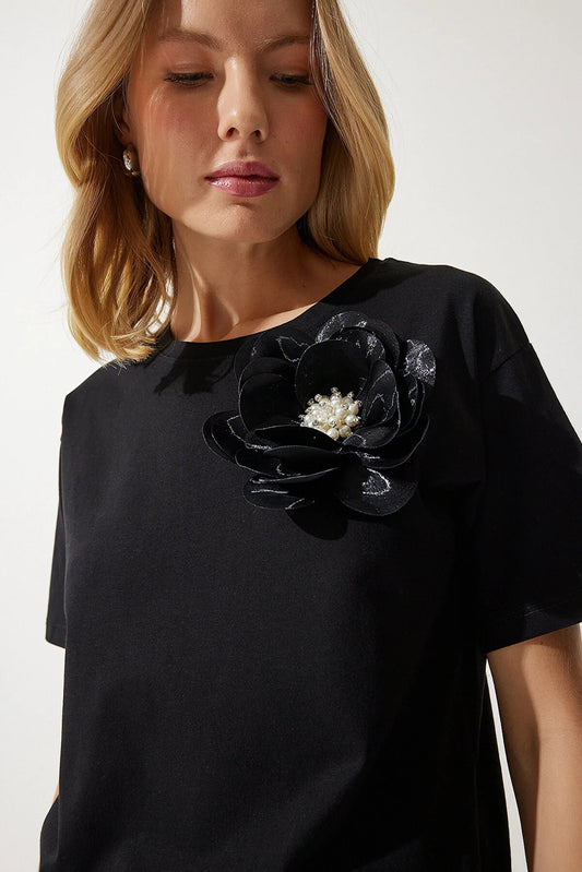 Women's Black Pearled and Floral Detailed Knitted T-Shirt - Lebbse