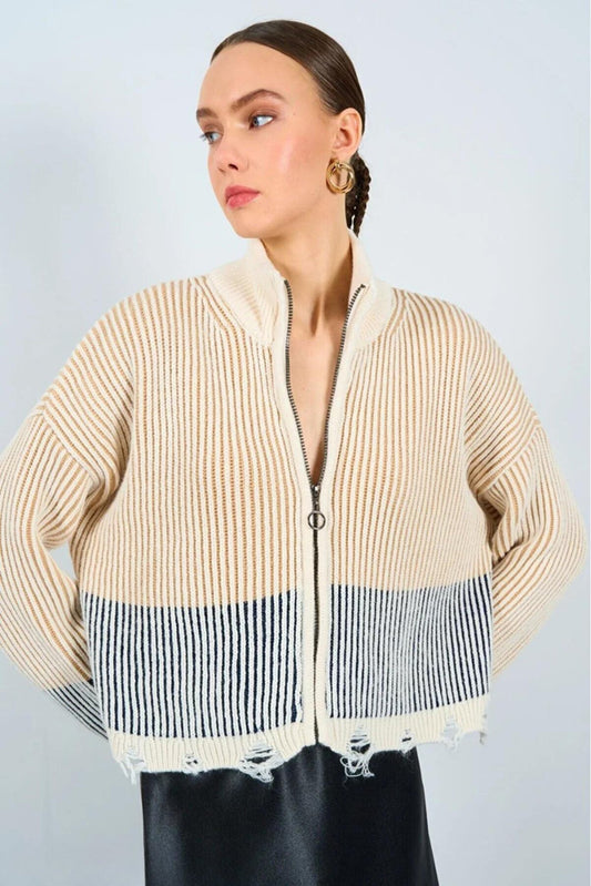 Women's Colorful Ripped Detailed Zippered Knitwear Cardigan - Lebbse