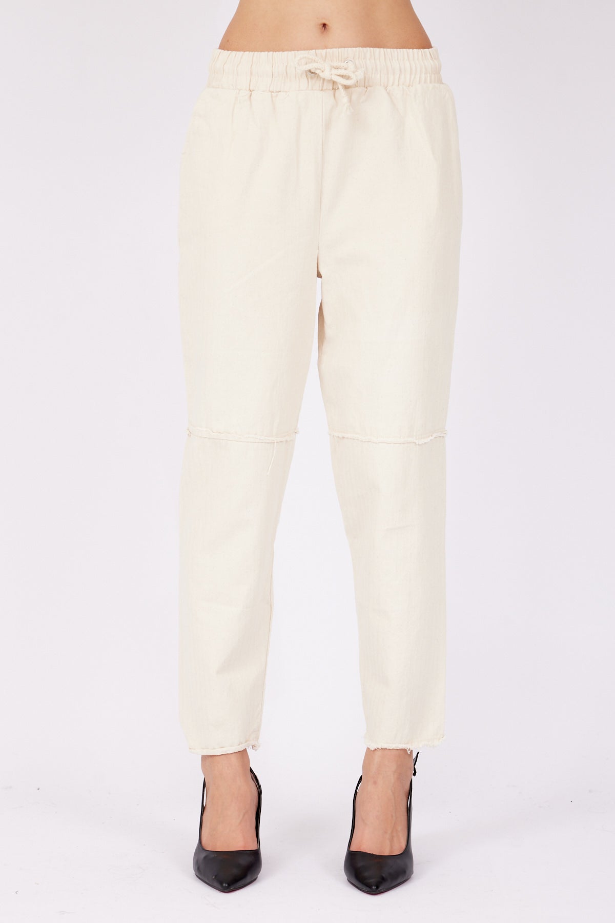 Women's Elastic Waist Tassel Detail Piece Dye Gabardine Stone Trousers | November Vibes | Lebbse Women's Elastic Waist Tassel Detail Piece Dye Gabardine Stone Trousers | November Vibes | Lebbse