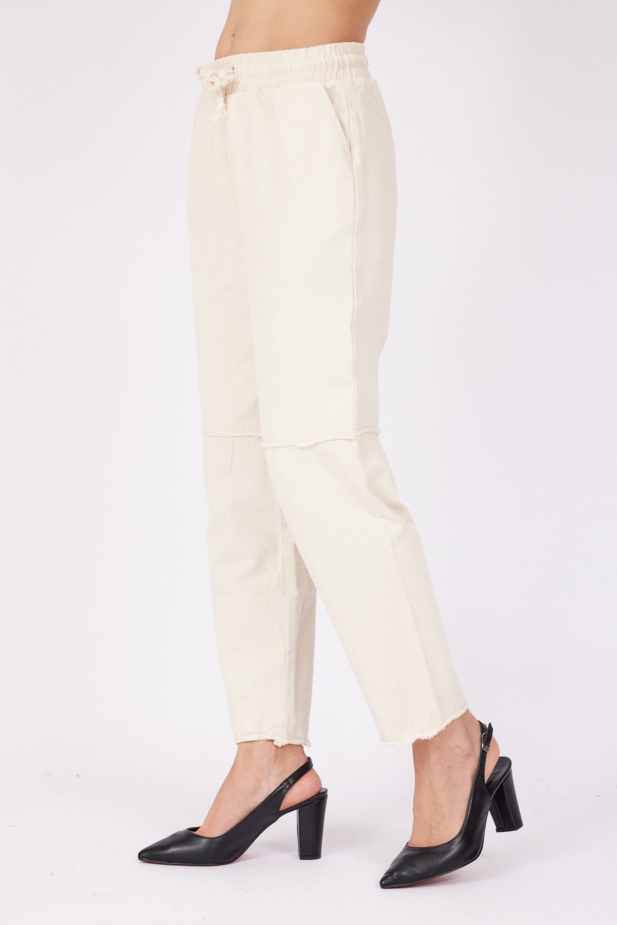 Women's Elastic Waist Tassel Detail Piece Dye Gabardine Stone Trousers | November Vibes | Lebbse Women's Elastic Waist Tassel Detail Piece Dye Gabardine Stone Trousers | November Vibes | Lebbse