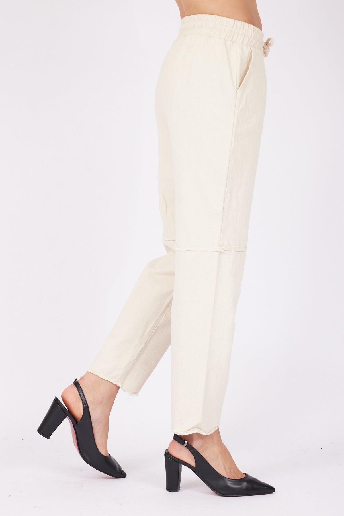 Women's Elastic Waist Tassel Detail Piece Dye Gabardine Stone Trousers | November Vibes | Lebbse Women's Elastic Waist Tassel Detail Piece Dye Gabardine Stone Trousers | November Vibes | Lebbse