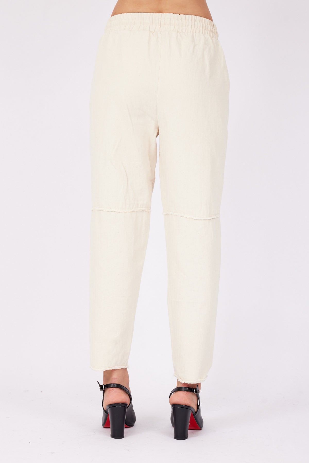 Women's Elastic Waist Tassel Detail Piece Dye Gabardine Stone Trousers | November Vibes | Lebbse Women's Elastic Waist Tassel Detail Piece Dye Gabardine Stone Trousers | November Vibes | Lebbse