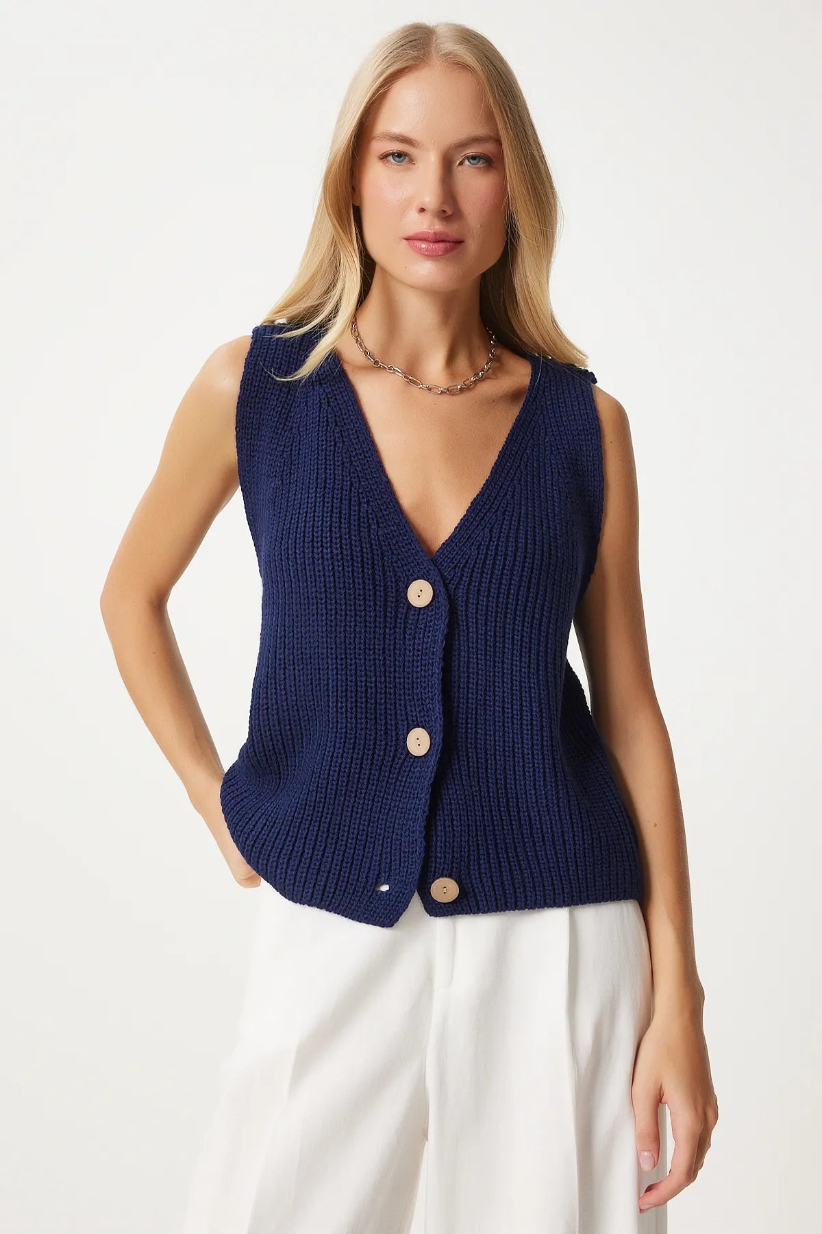 Women's Navy Blue V Neck Knit Vest - Lebbse