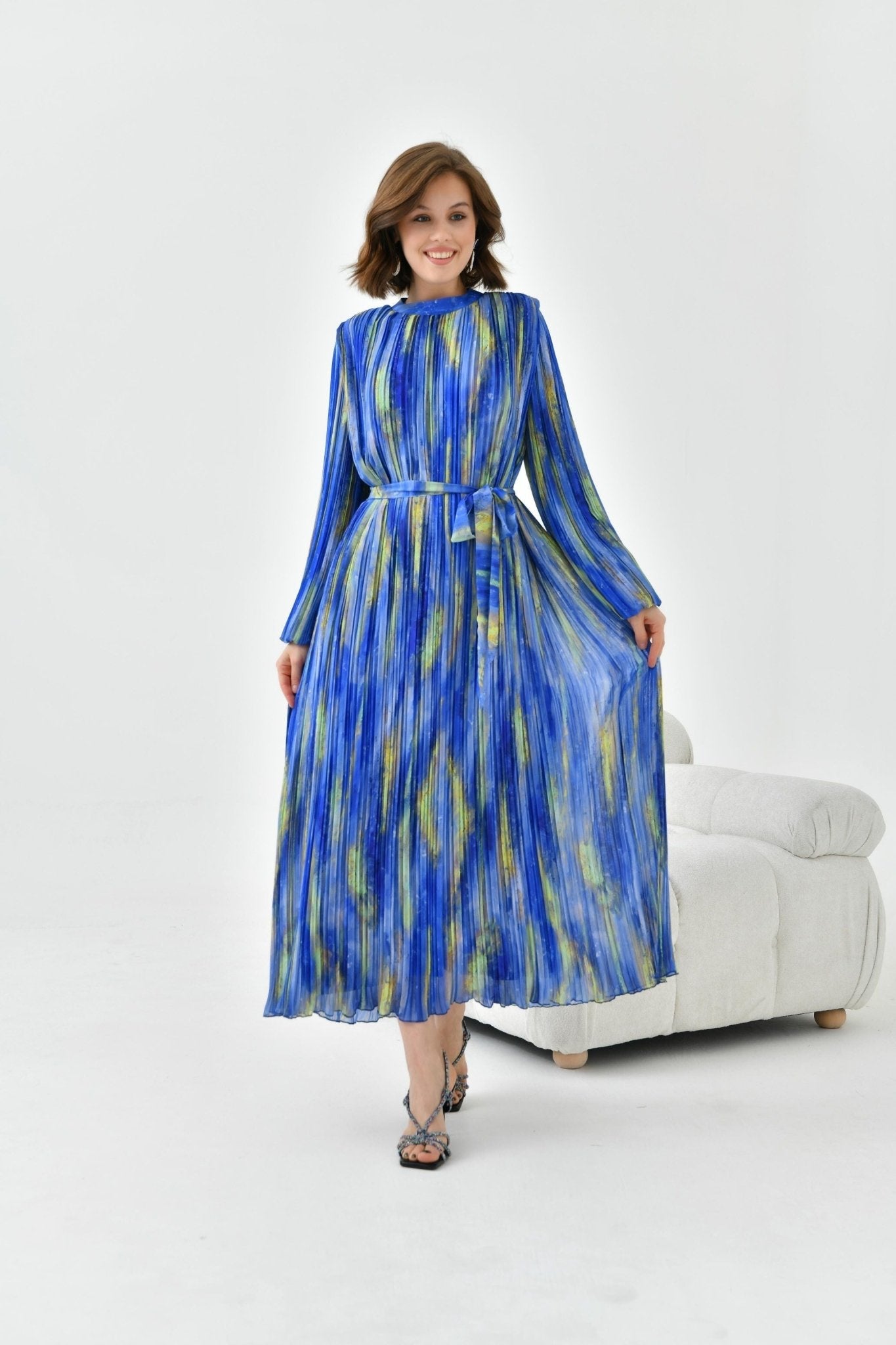 Women's Patterned Pleated Dress Dark Blue - Lebbse