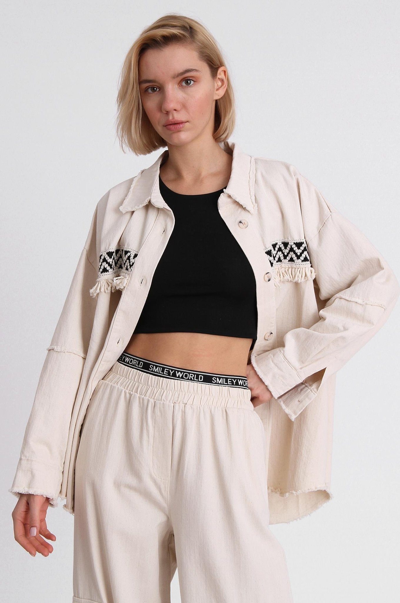 Women's Shirt Jacket With Gabardin Crochet Detail - Lebbse