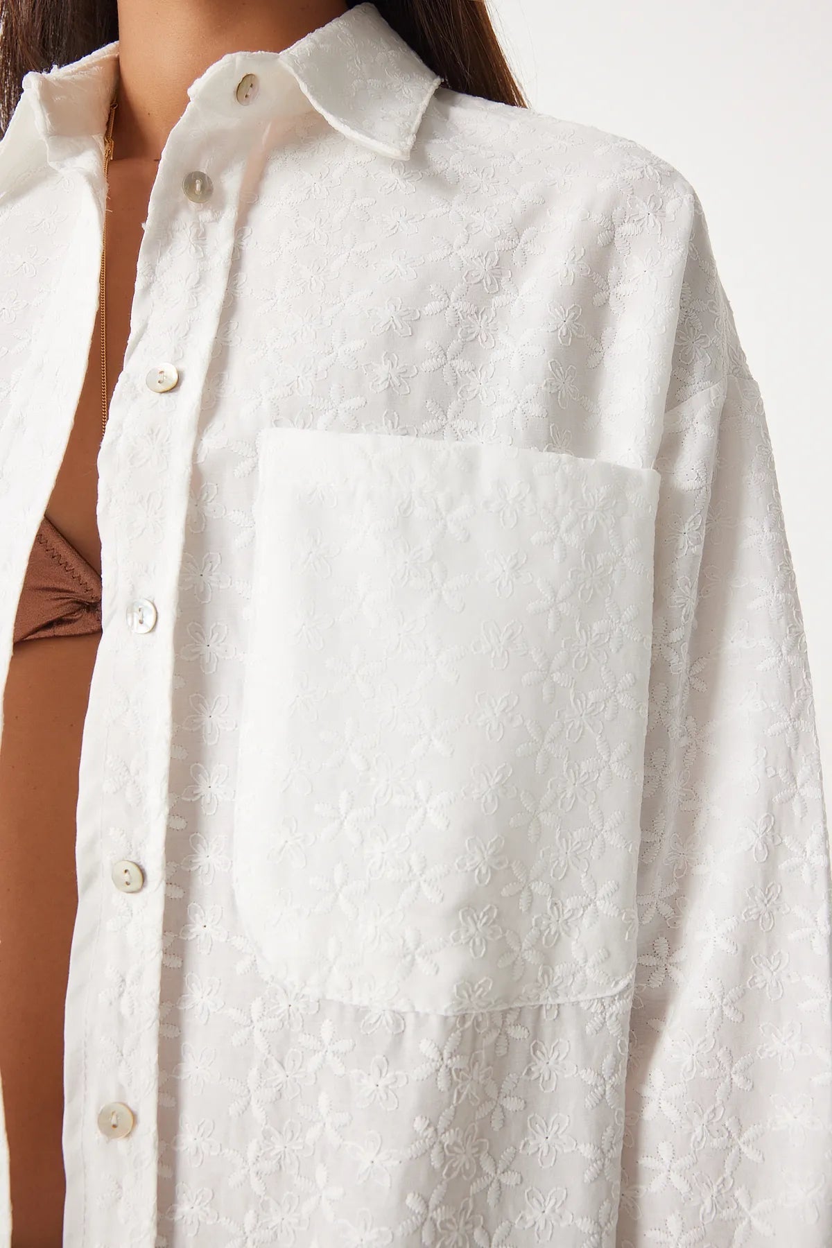 Women's White Patterned Thin Shirt - Lebbse