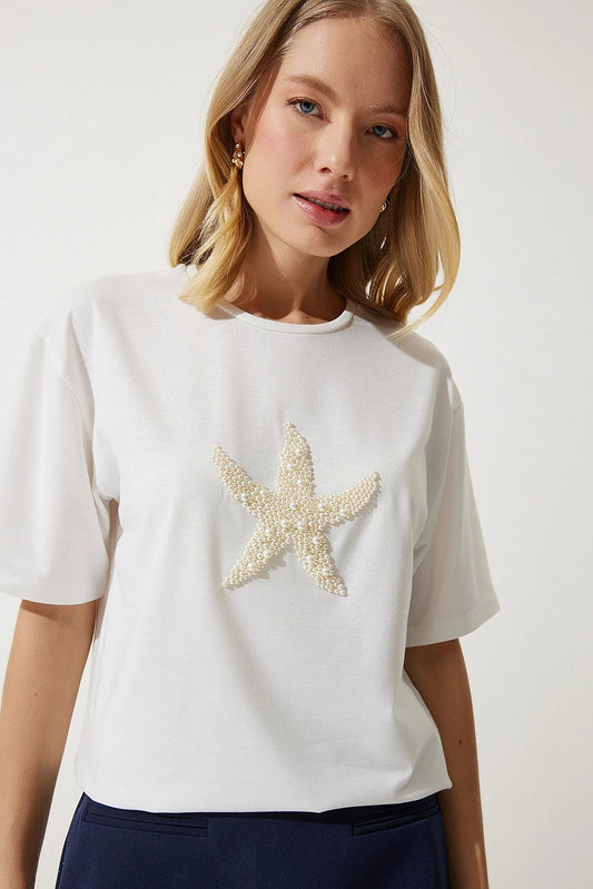 Women's White Star Pearl Embroidered Oversize Knitted T-Shirt - Lebbse