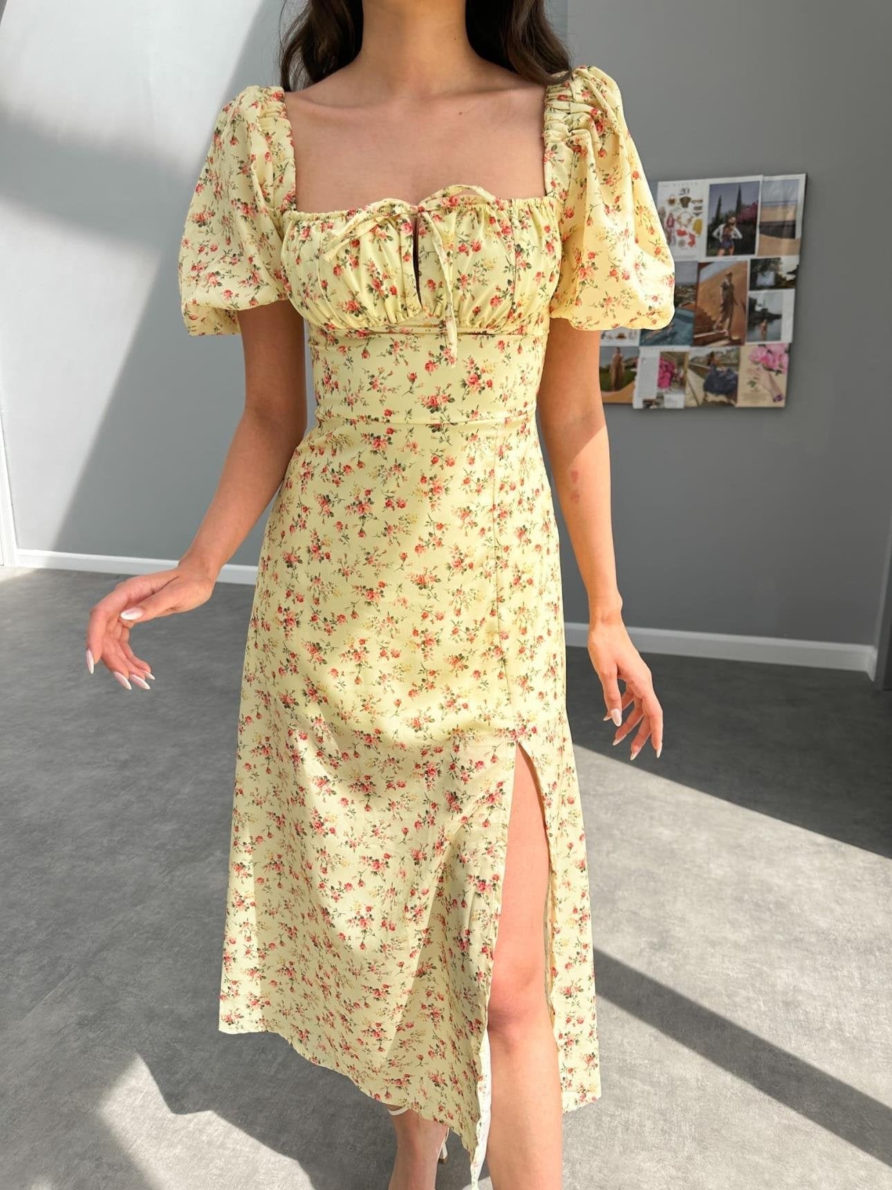 YELLOW BALLOON SLEEVE FLORAL DRESS - Lebbse