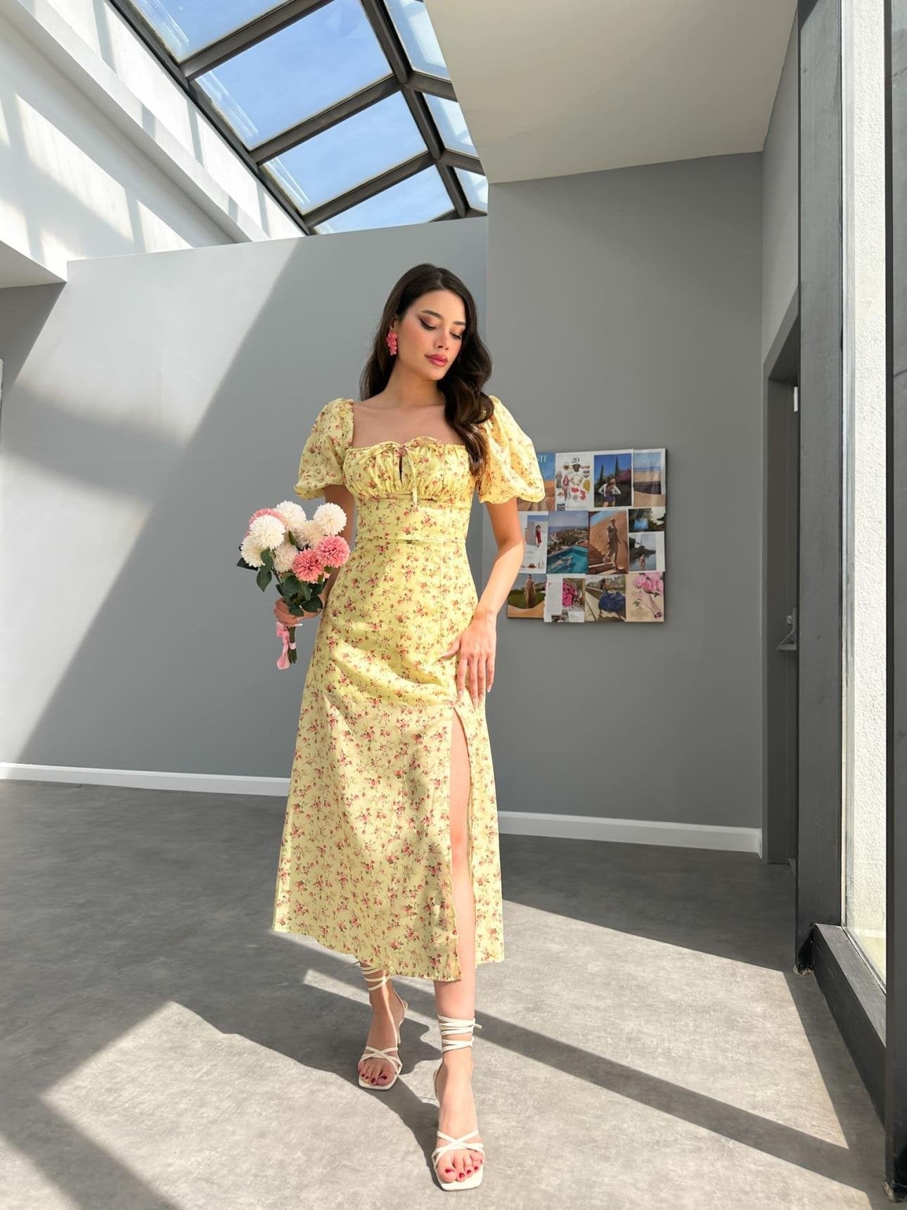 YELLOW BALLOON SLEEVE FLORAL DRESS - Lebbse