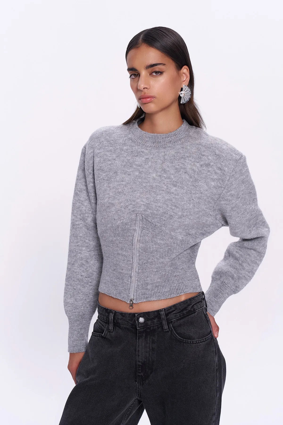 Zipper Accessory Long Sleeve Knitwear Gray - Lebbse