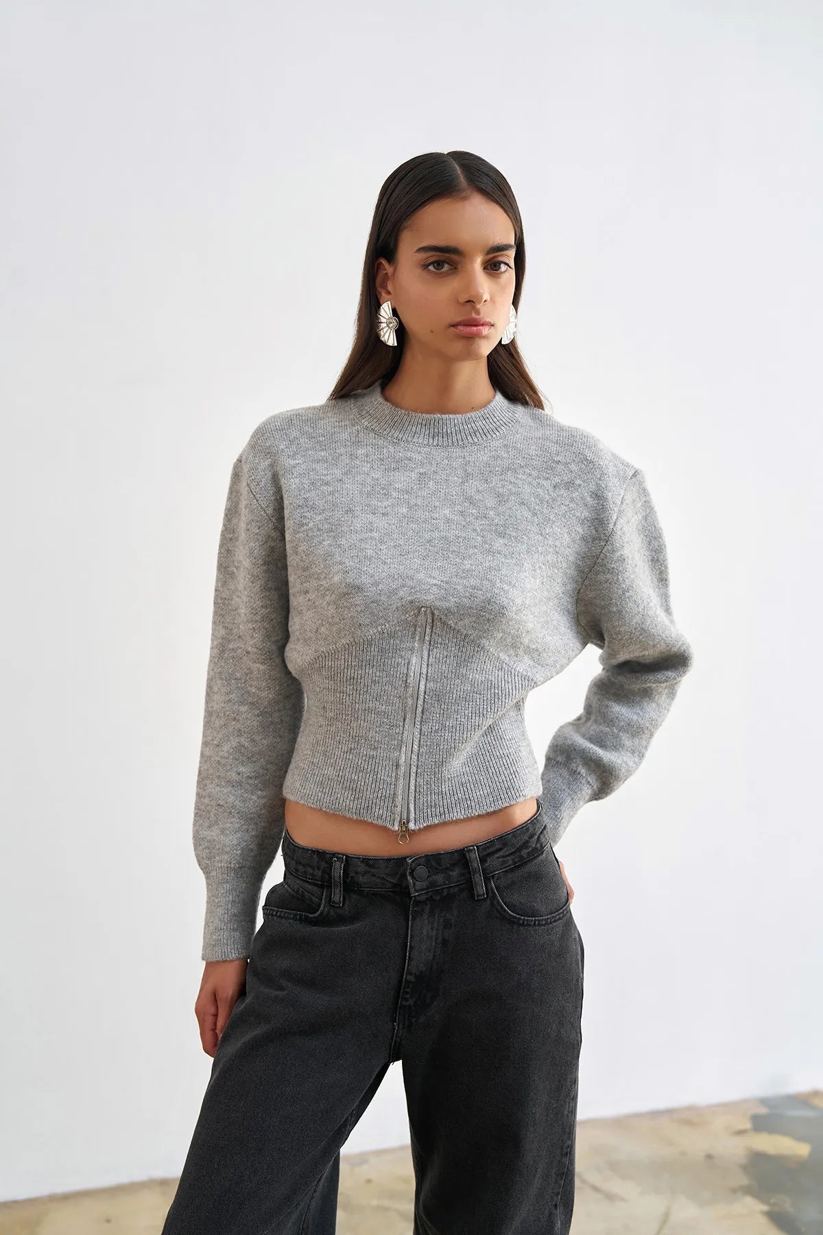 Zipper Accessory Long Sleeve Knitwear Gray - Lebbse