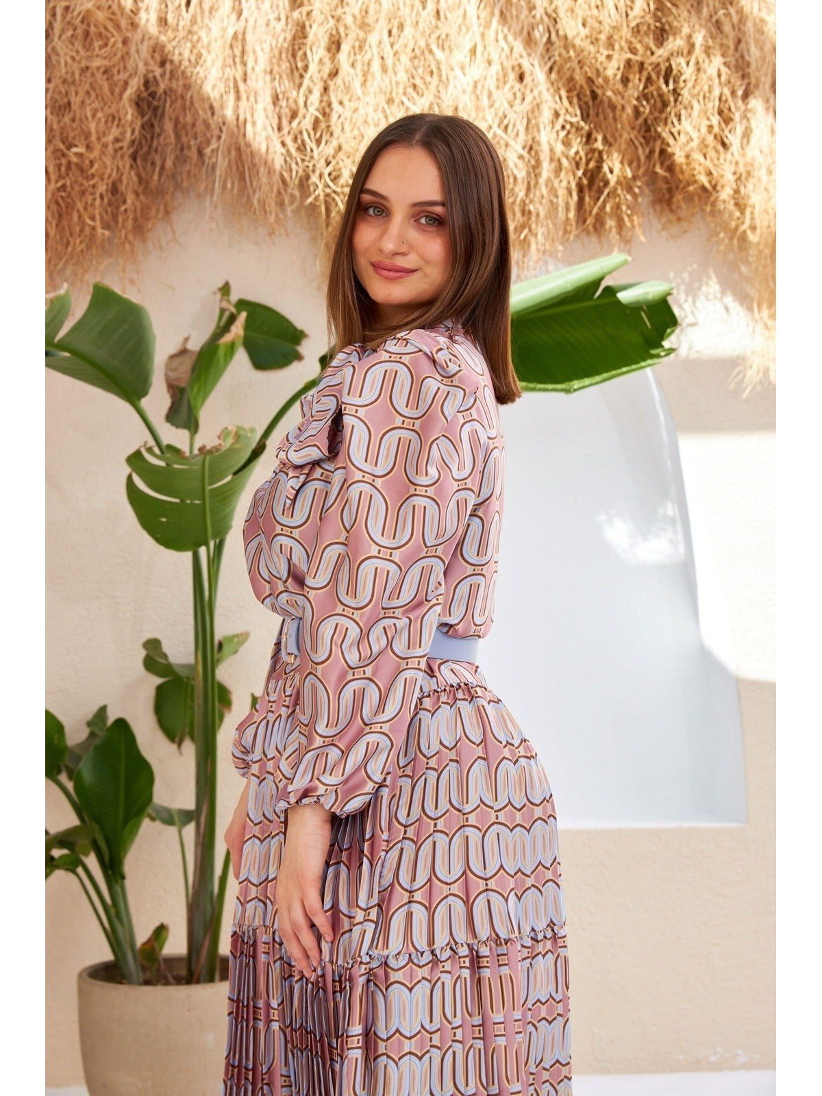 3- تنسيق فستان بيج ماكسي طويل حزام أزرق - Beige Blue Belt Detailed Maxi Length Dress