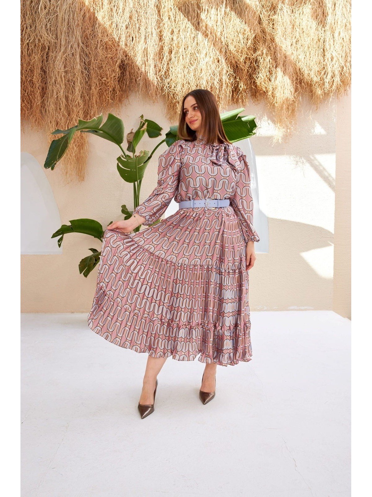 Beige Blue Belt Detailed Maxi Length Dress | Clothing Beige Blue Belt Detailed Maxi Length Dress | Clothing
