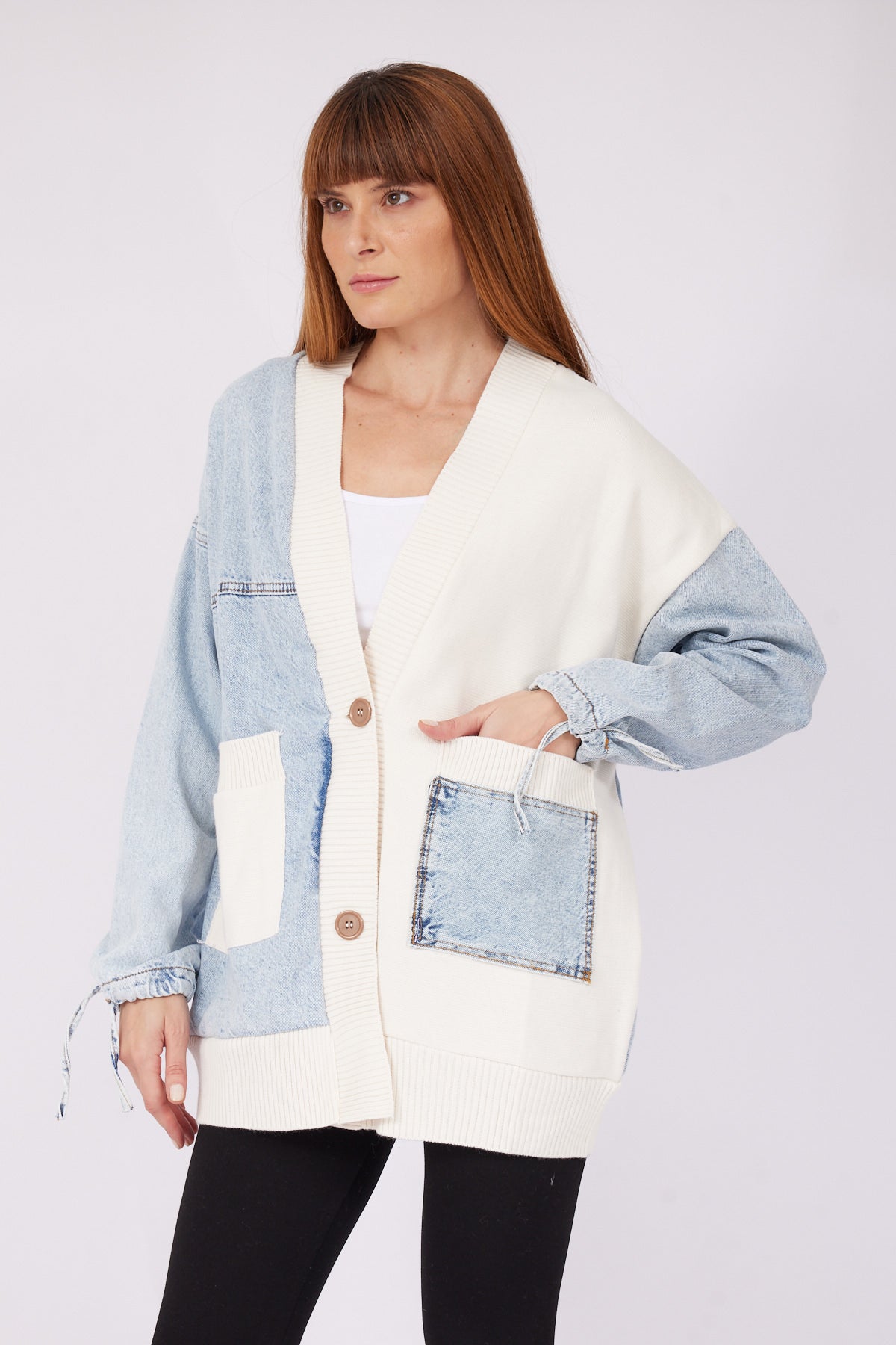 2- كارديجان جينز وصوف بيج مدمجين - BEIGE COVERED JEAN CARDIGAN