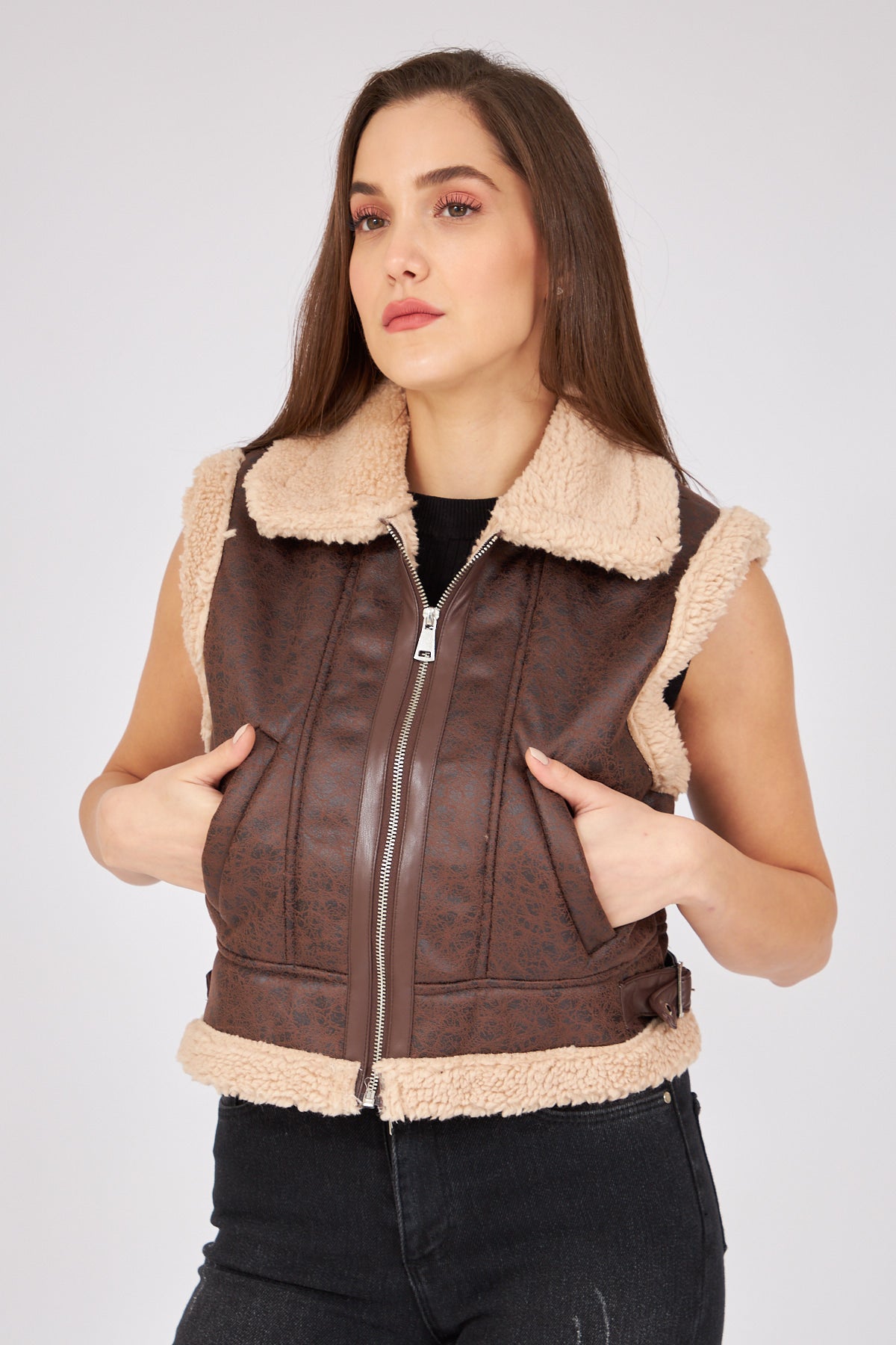 Beige Furry Collar and Waist Detailed Zippered Vest - Lebbse