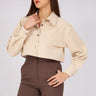 موديلات قمصان نسواني قصير من الجلد باللون البيج - Beige Leather Crop Shirt
