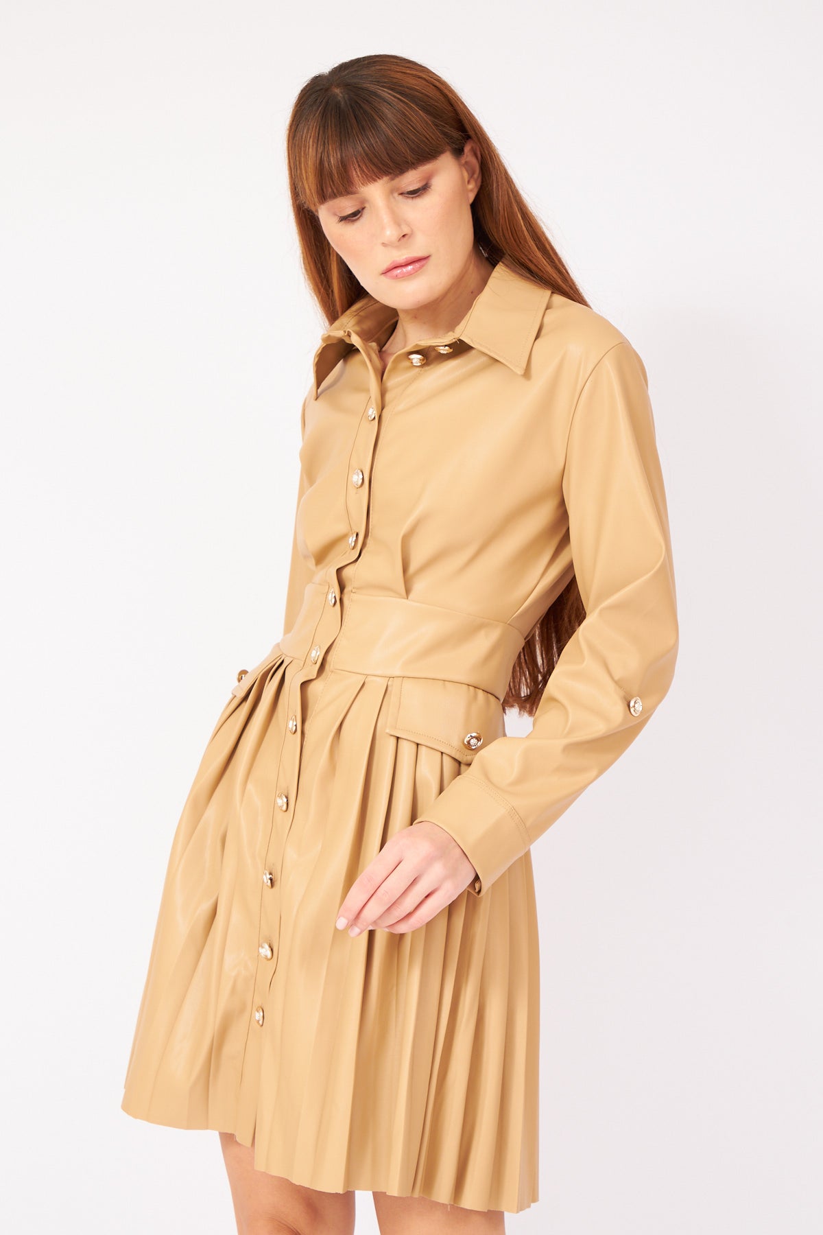 Beige Leather Pleated Short Shirt Dress With Pockets - Lebbse