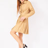 فستان موديل قميص قصير جلد لون بيج مع جيوب - Beige Leather Pleated Short Shirt Dress With Pockets