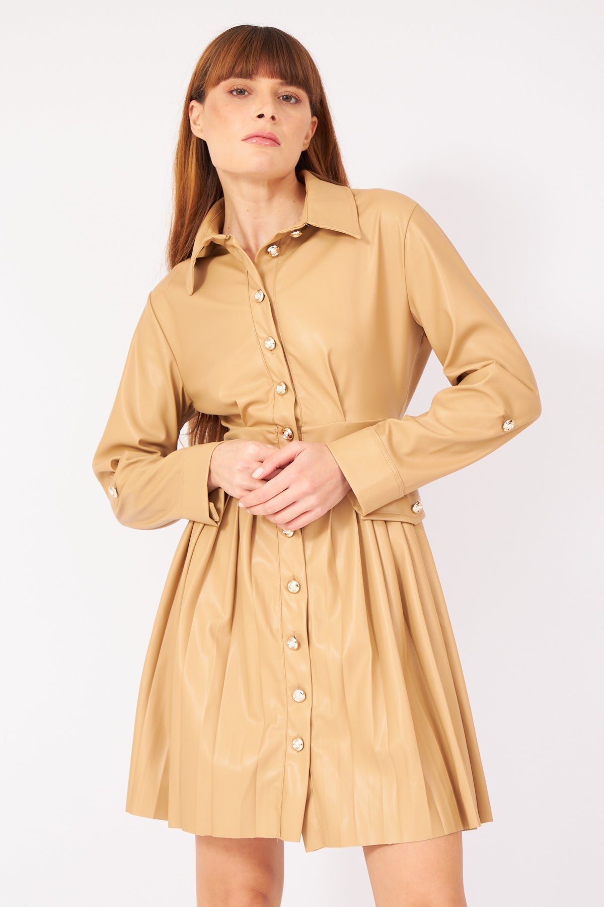 Beige Leather Pleated Short Shirt Dress With Pockets - Lebbse