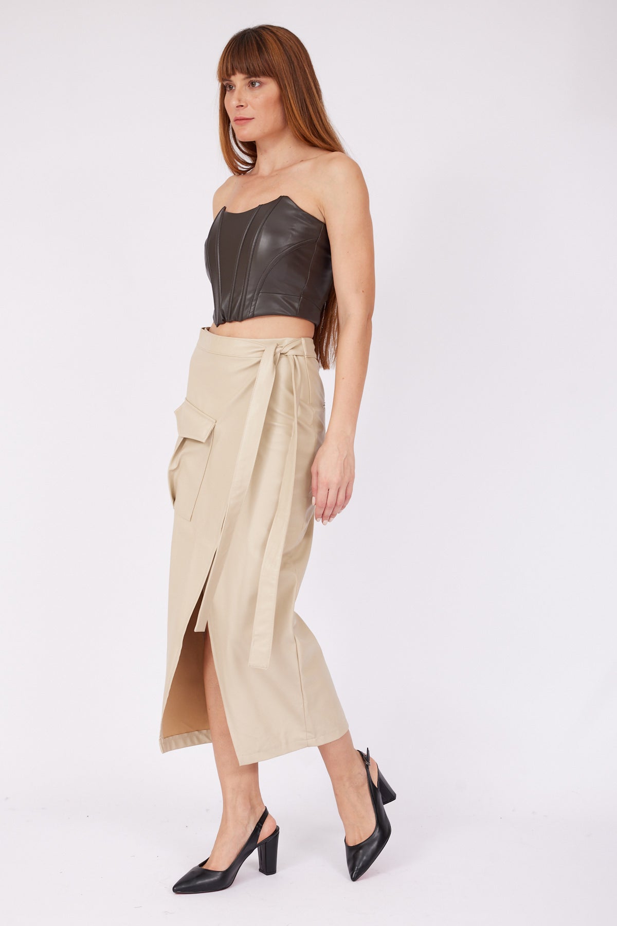 BEIGE LEATHER WRAPPED SKIRT - Lebbse