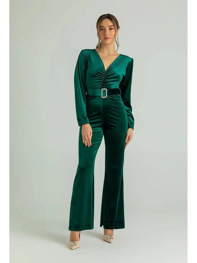 Belted Velvet Jumpsuit – EMERALD GREEN - Lebbse