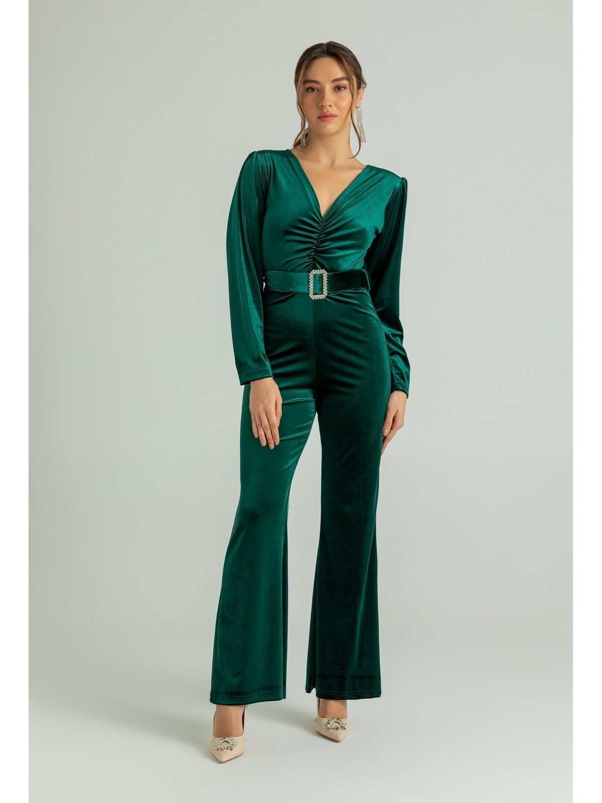 Belted Velvet Jumpsuit – EMERALD GREEN - Lebbse