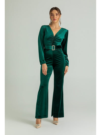 Belted Velvet Jumpsuit – EMERALD GREEN - Lebbse