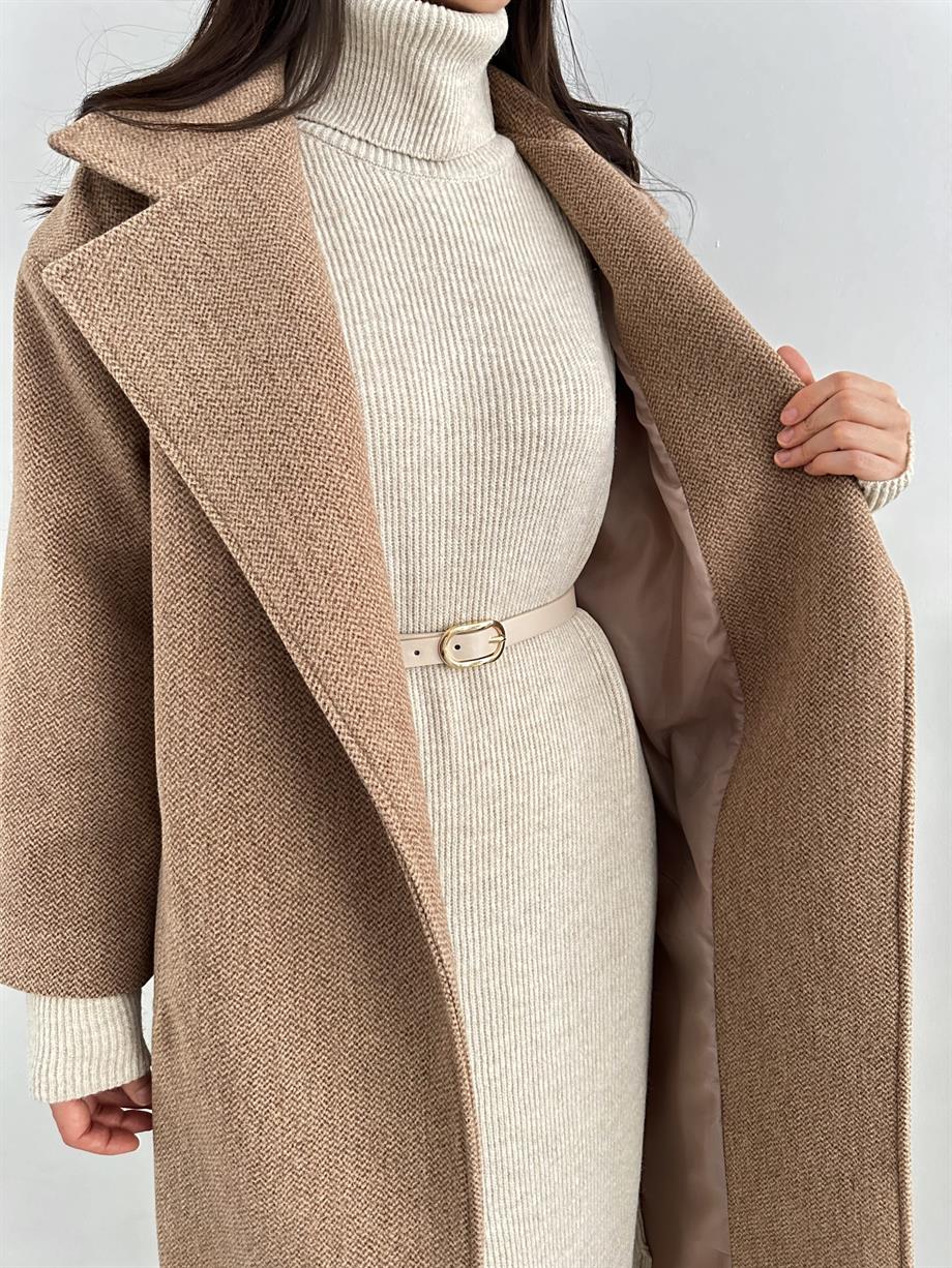 Belted Waist Long Cashmere Coat Brown - Lebbse