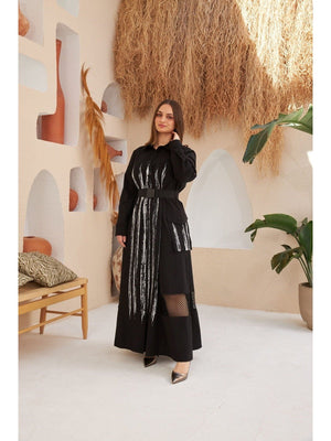 فستان اسود محجبات بخطوط بيضاء مع حزام - Black And White Stripes Plaska Belt Dress
