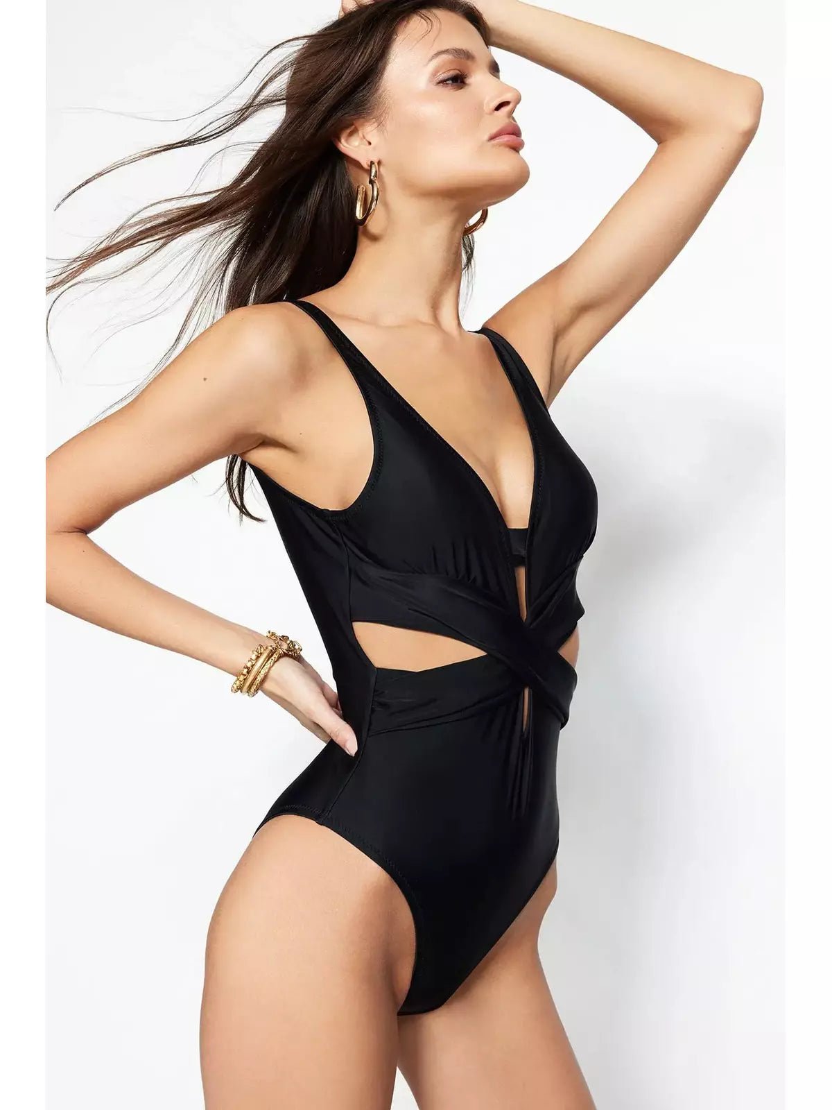 Black Deep Decollete Cut Out/Windowed Swimsuit - Lebbse