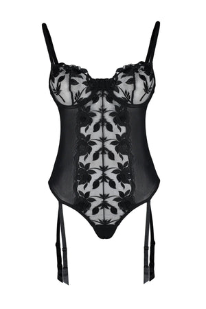 Black Embroidered Lace Body with Removable Garter and Snap Fasteners - Lebbse