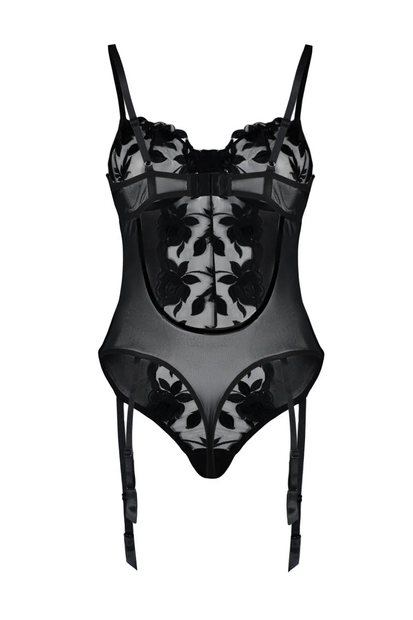 Black Embroidered Lace Body with Removable Garter and Snap Fasteners - Lebbse