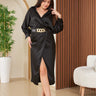 موديلات فساتين ستان ساده حزام أسود من الحرير - Black Gold Belt Satin Dress