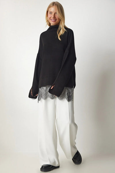 Black Lace Detailed Knitwear Sweater - Lebbse