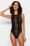 Black Lace Tulle Detailed Coverless Brazilian Underwear Body - Lebbse
