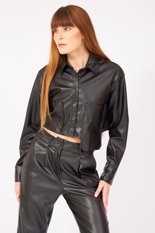 Black Leather Large Pocket Shirt Suit - Lebbse